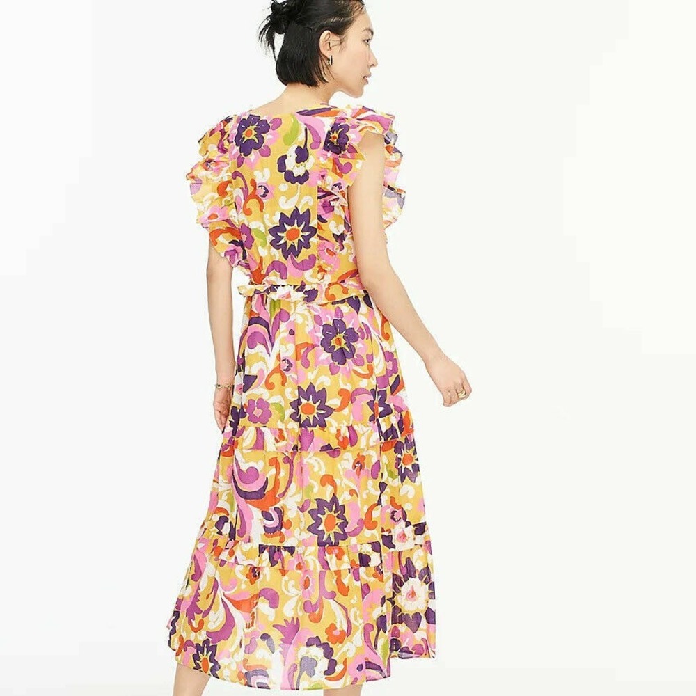 J.Crew Collection Yellow Psychedelic Floral Ruffle Tiered Midi Dress Womens S